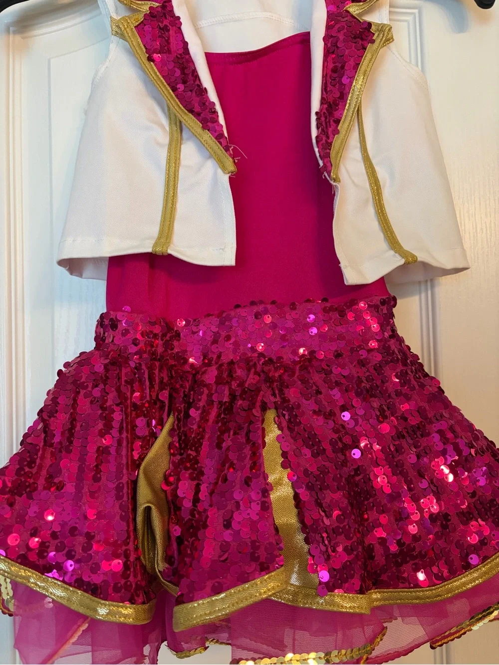 Weissman Hot Pink Sequin Dance Costume with Gold Trim and White Vest